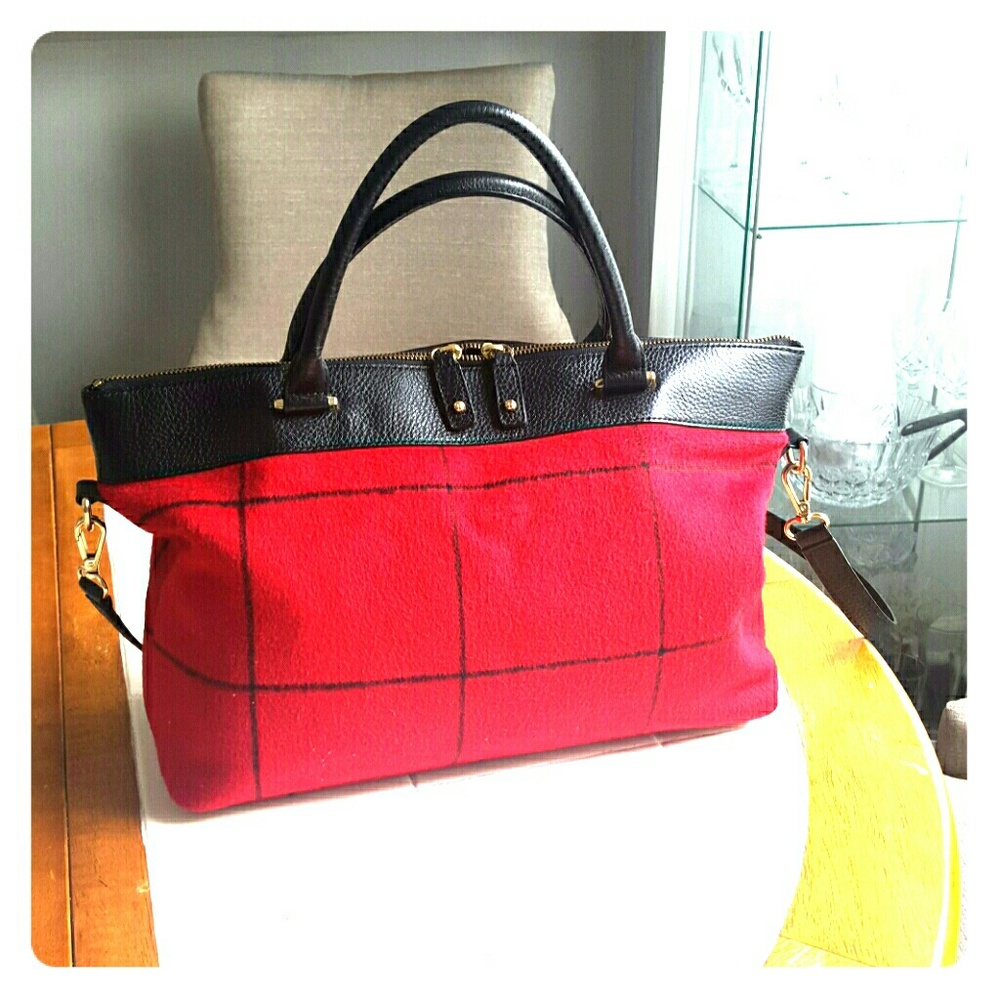 Talbots red/black wool/leathe hand bag